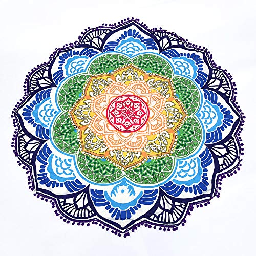 Toalla de playa redonda Decoración con borlas con bolas pequeñas Patrón de flores 147 * 147 CM Mantel circular Estera de picnic de yoga