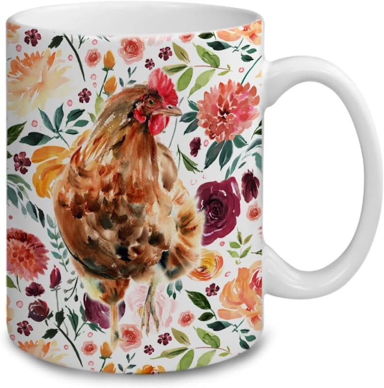 Traqunn Chickens Cup Chicken Lover Gifts for Women,Chicken Mom Gifts,Chicken Mug Gifts for Chicken Owners,Cute Flower Pattern Ceramic Coffee Mug 11oz