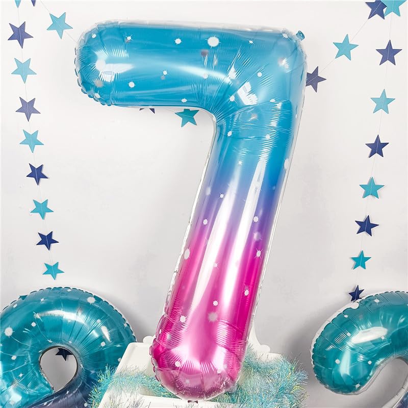 Image of 40 Inch Balloon Number 7 Mermaid, Large Mylar Foil Blue Pink Starry Number Seven Balloons Set for Girls Women, Rainbow Globos de Numero 7 Helium Balloons for Girls 7th Birthday Party Decorations