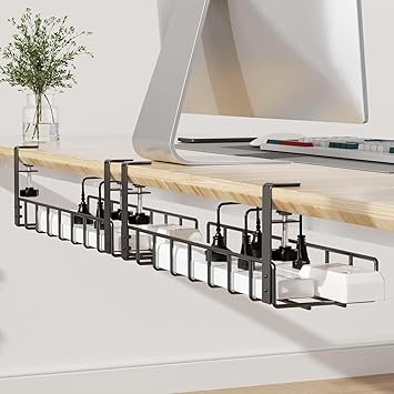 2 Pack Cable Management Under Desk Tray, 31.4" No Drill Under Desk Wire Management with Upgraded Clamp, Metal Cord Organizers for Desk with Cable Organizers, PC Cable Management Rack (2 Pack-Black) - image, photos