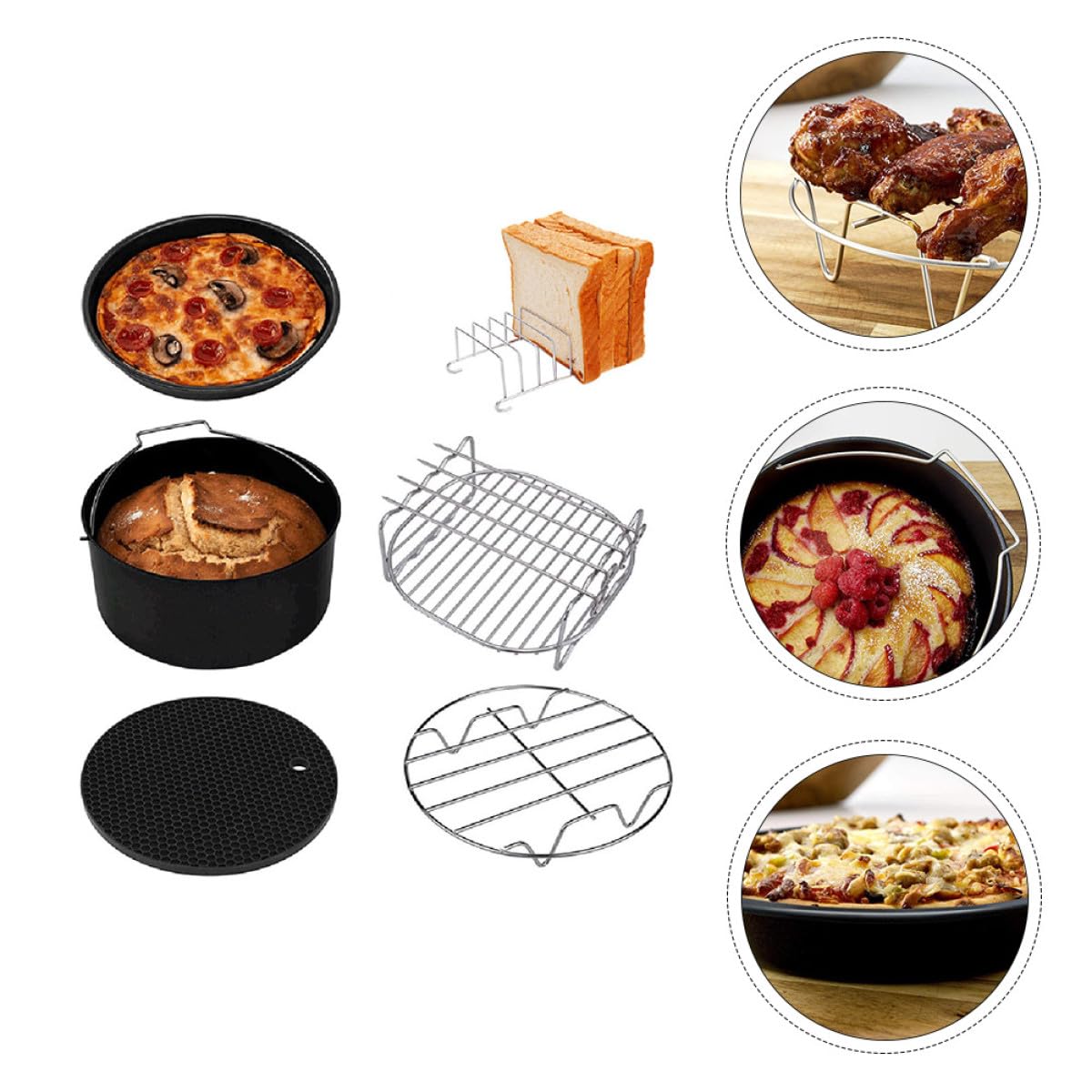 FRCOLOR 6 Stück Backutensilien aus Edelstahl für Heißluftfritteuse mit Pizzablech und Wabenmatte Gleichmäßige Hitzeverteilung für Küche und Grill