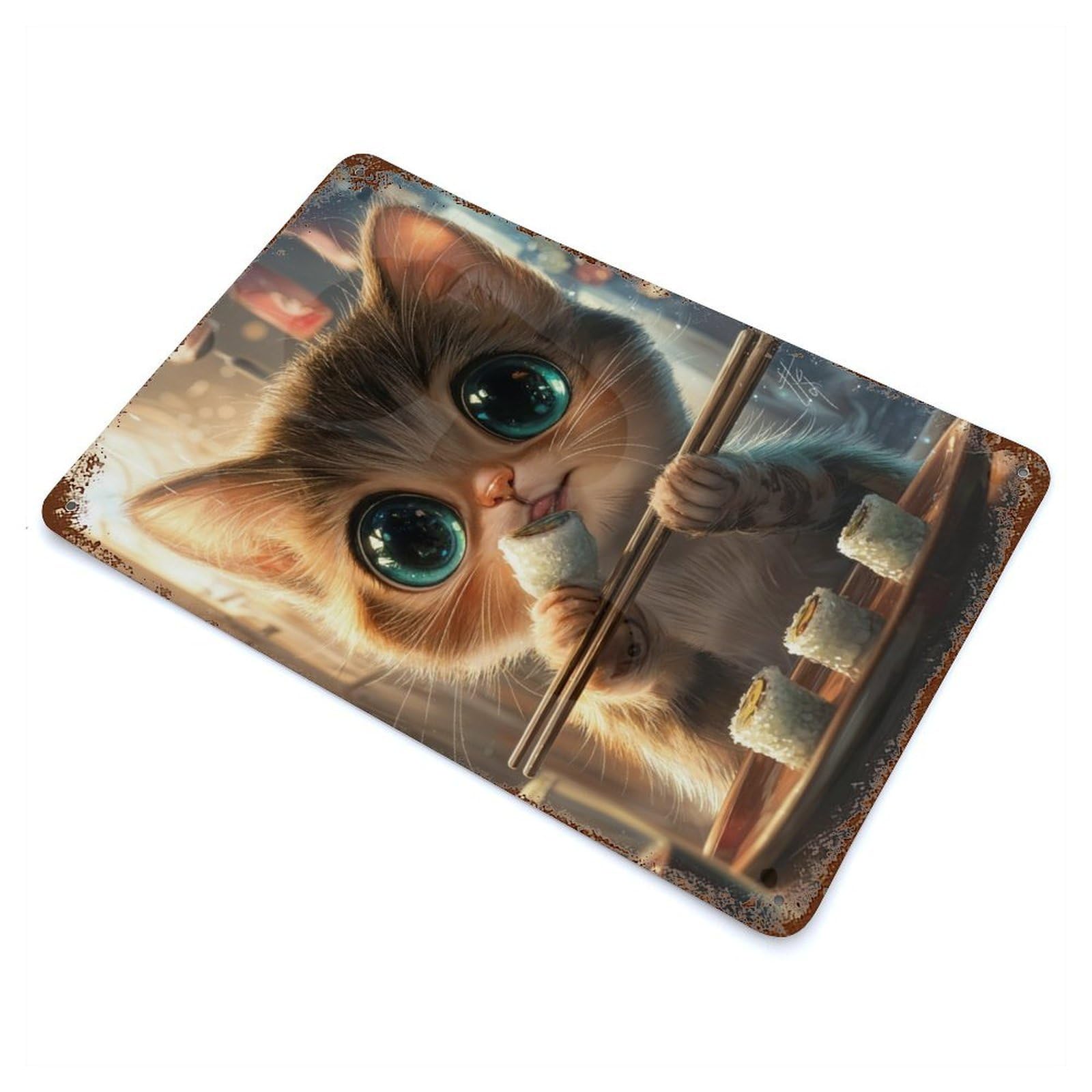 Retro Metal Sign with Cute Cat Eating Sushi Design 11.8"x7.9", for Bistro, Counter And Cafe Decor, Shabby Chic Decor