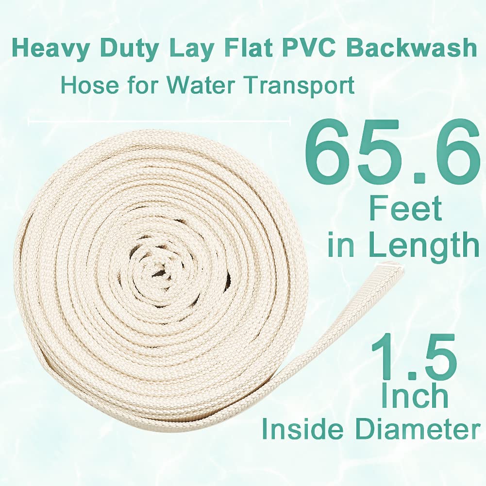 Eoiips Manguera de retrolavado para piscina, 1.5 pulgadas x 65.6 pies de longitud, manguera de descarga de agua de PVC plana con abrazadera de manguera ajustable para patio, jardín, riego de césped y