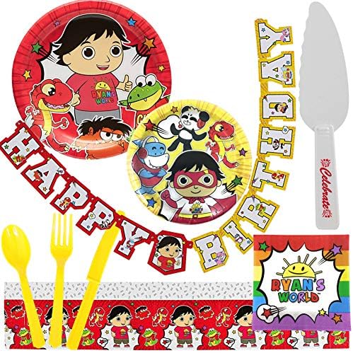 Ryan’s World Birthday Party Supplies for 16 Guests - Plates, Tablecover, Banner, Cutlery, Napkins Plus Cake Cutter