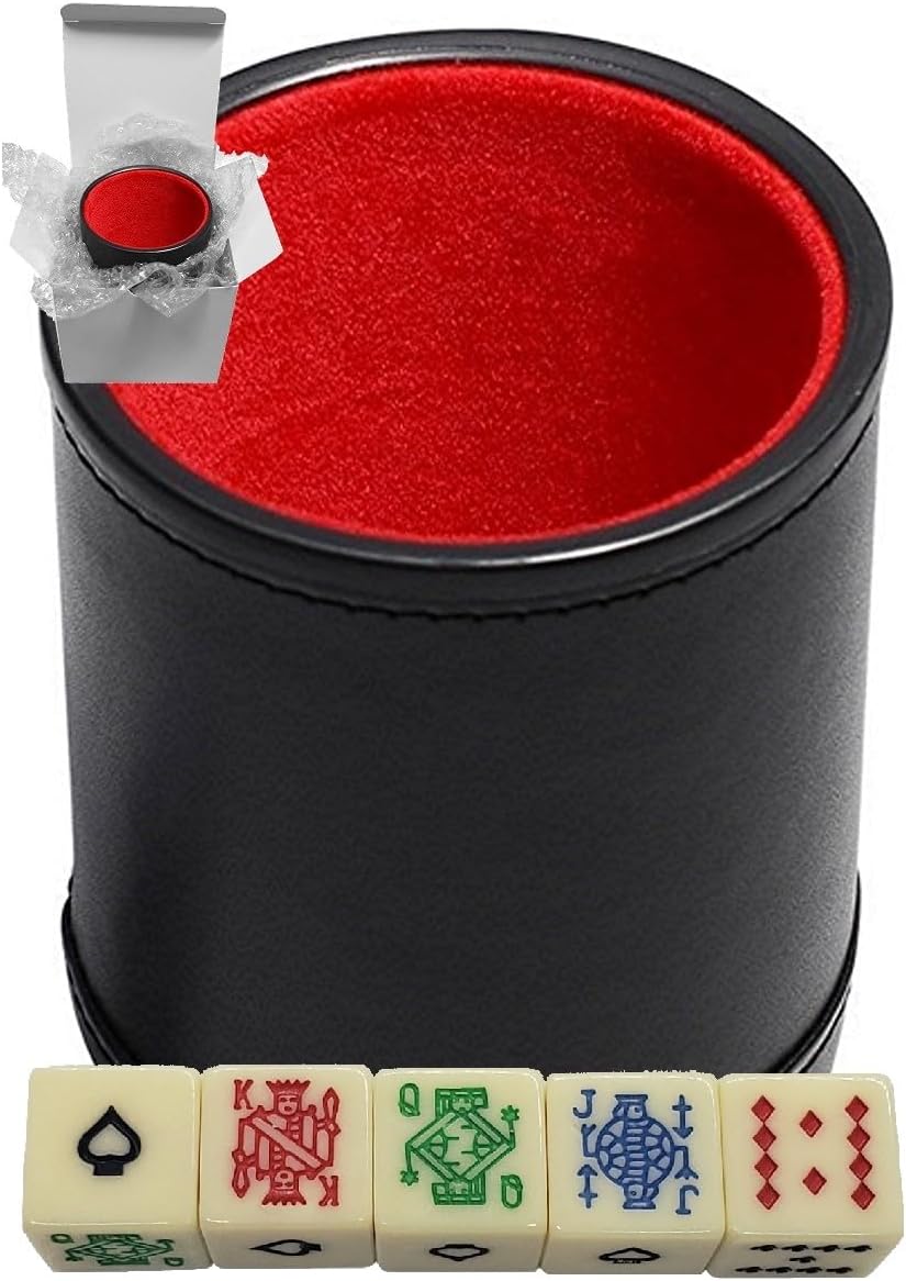 Cyber-Deals Set of 16mm Poker Dice Squared Corners and Black PU Leather Dice Cup Plush Velvet Lined - Gift Boxed (Spanish Poker (Ivory), Black/Green Cup)