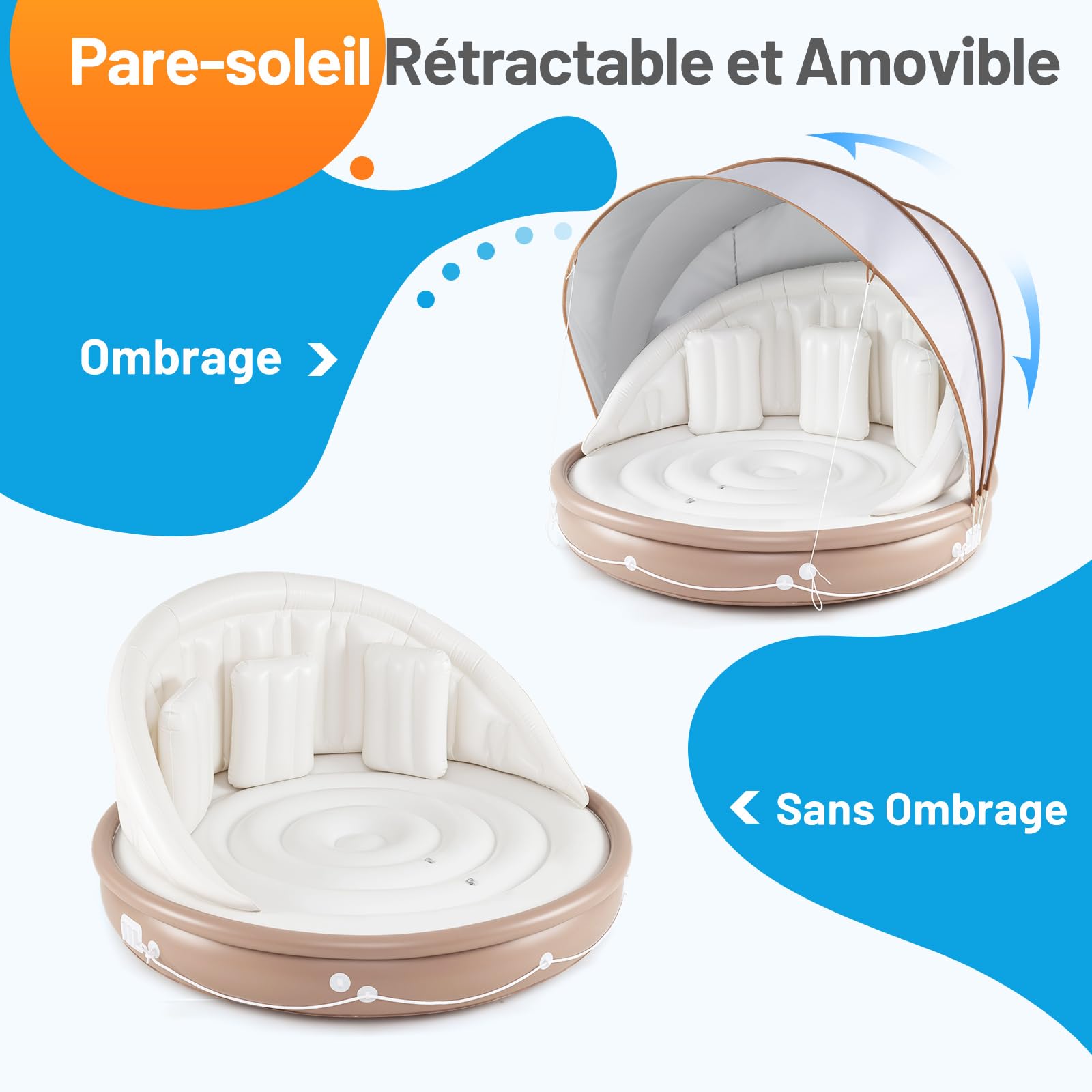 COSTWAY Matelas Gonflable Lounge Salon de Piscine Flottant Charge 200KG avec Accoudoir à Haut Dossier,2 Porte-gobelets et Auvent Rétractable pour Adultes et Enfants, 180x180x160CM
