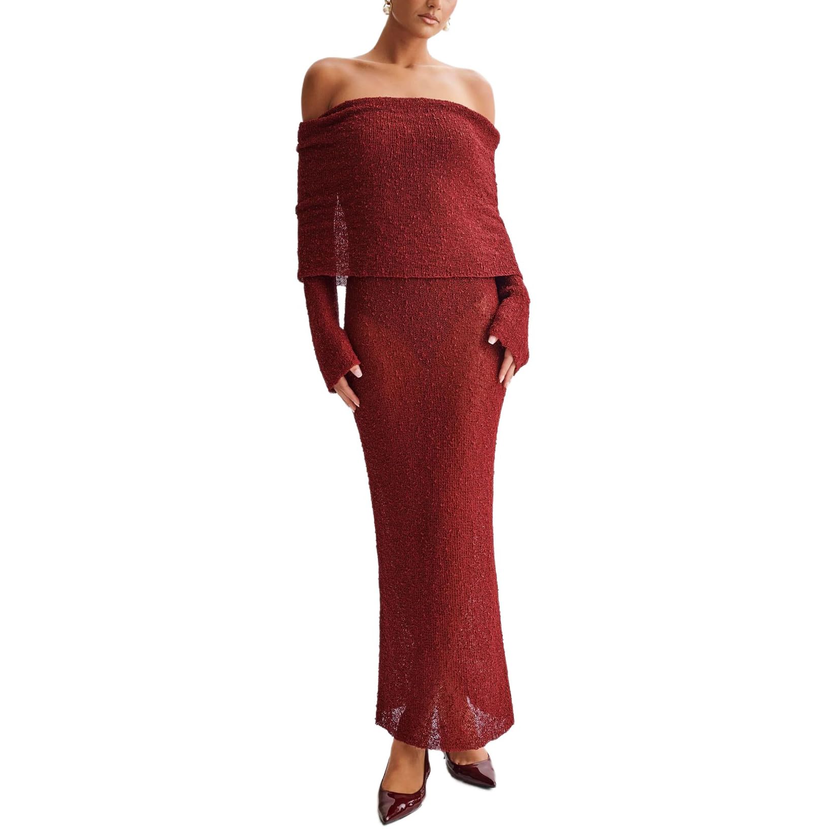 Donne Fuori della Spalla a Maglia Svasato Manica Bodycon Spiaggia Casual Coprire su Abiti,Rosso,S