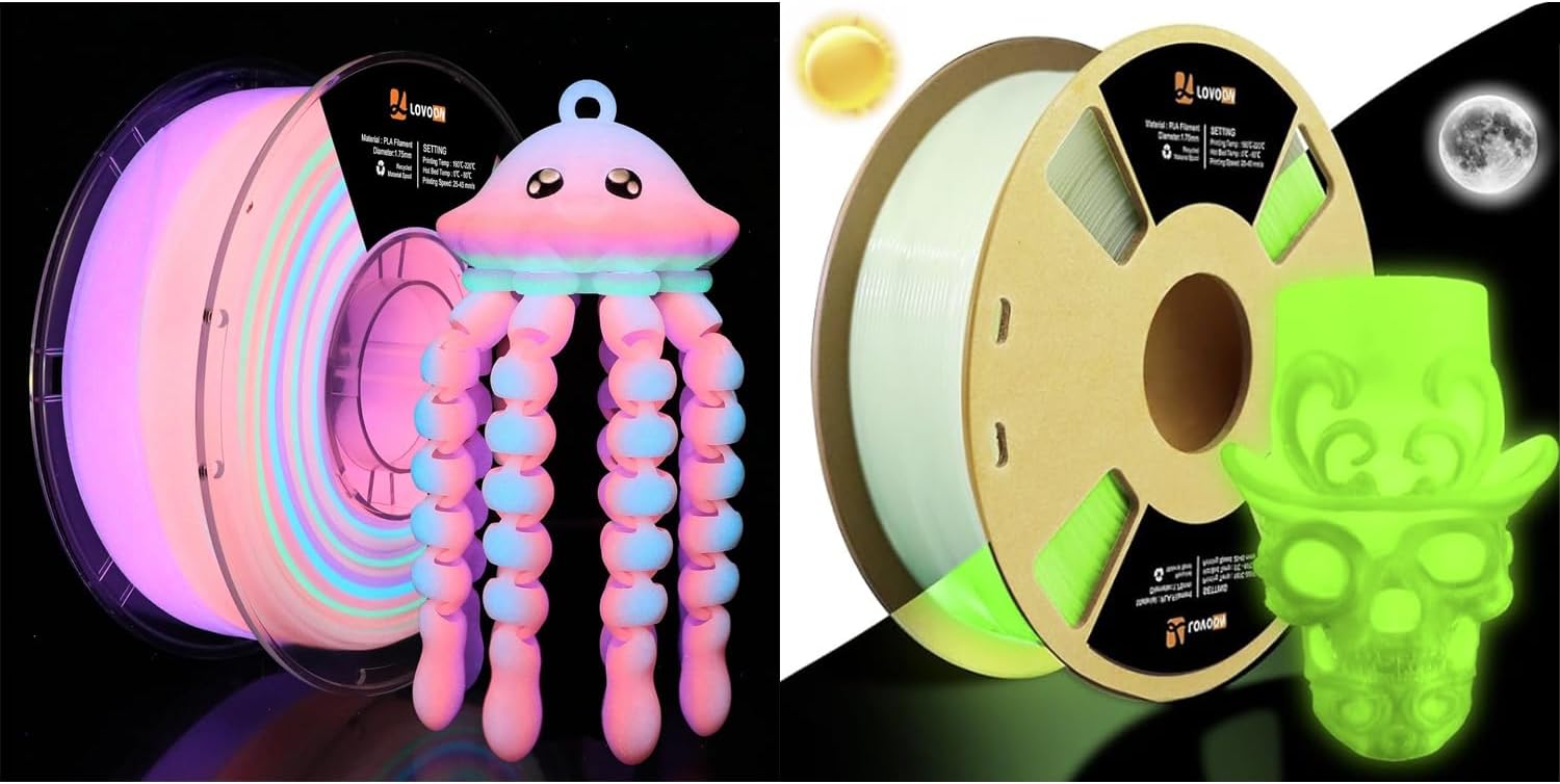 2 Pack PLA Printer Filament 1.75mm, Luminous Glow-Rainbow-5 with Glow-Green, Dimensional Accuracy +/-0.02mm, 2KG