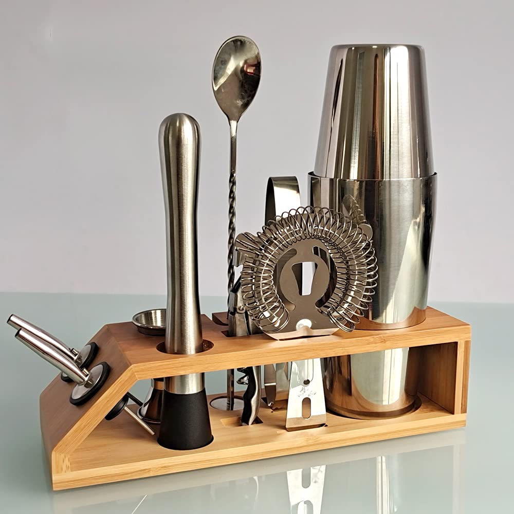 Cocktailshaker Cocktail Shaker 10-teiliger Sets Edelstahl Bambusrahmen Boston Shaker Barkeeder Kit for Martini Margarita Mix Professionelle Bar Tools Cocktail-Sets