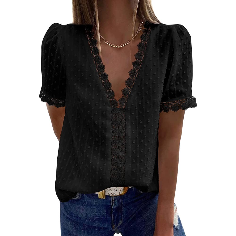 Bipily Camiseta para Mujer Blusa de Encaje con Cuello en V de Gasa Manga Corta Elegante y Básica Color Sólido Tops