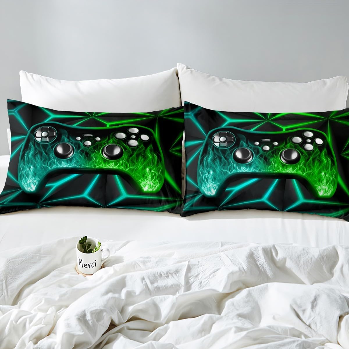 Erosebridal Kids Toddler Bedding Set Gaming Bedding Sets for Boys Game Room Decor Comforter Cover for Game Lovers, 3D Geometric Gaming Bedspread Cover Green Teal Flame Game Consoles Bedding