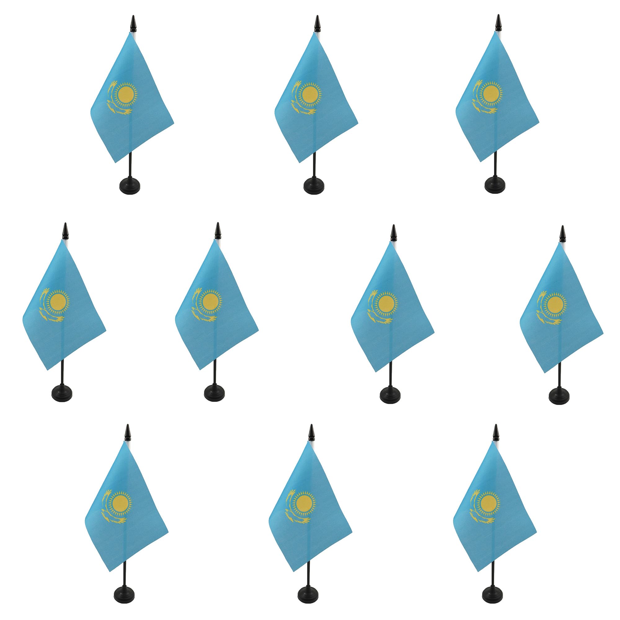 AZ FLAG - Set of 10 Kazakhstan Table Flag 4'' x 6'' - 10 Small Kazakh Office Flags 100% Polyester 15 x 10 cm - Mini Desk Flag with 10'' Pole and Black Plastic Base