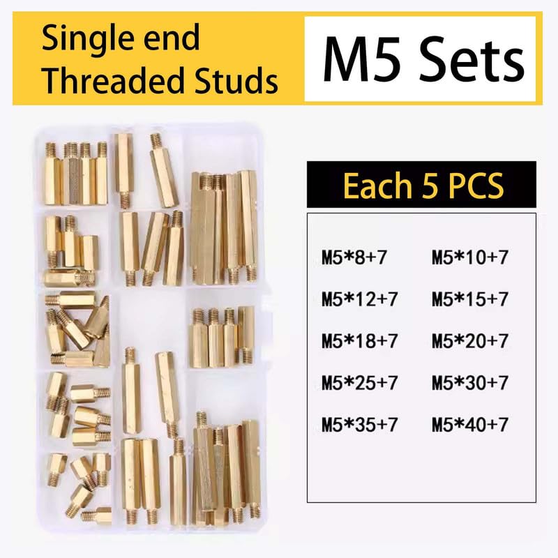 50 Pièces M5 Entretoise en laiton Vis Extrémité unique Mâle Femelle Fileté Hex Standoffs PCB Carte mère Hexagonal Pilier Assortiment Kit