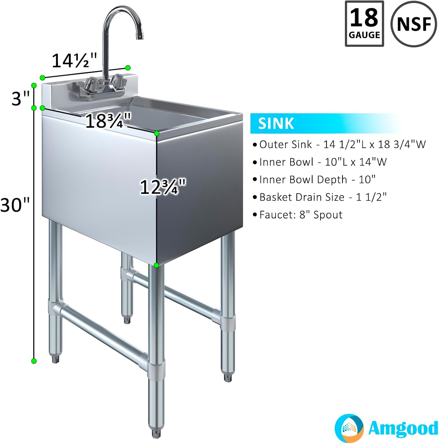 Stainless Steel Single One Compartment Under Bar Sink with Faucet
