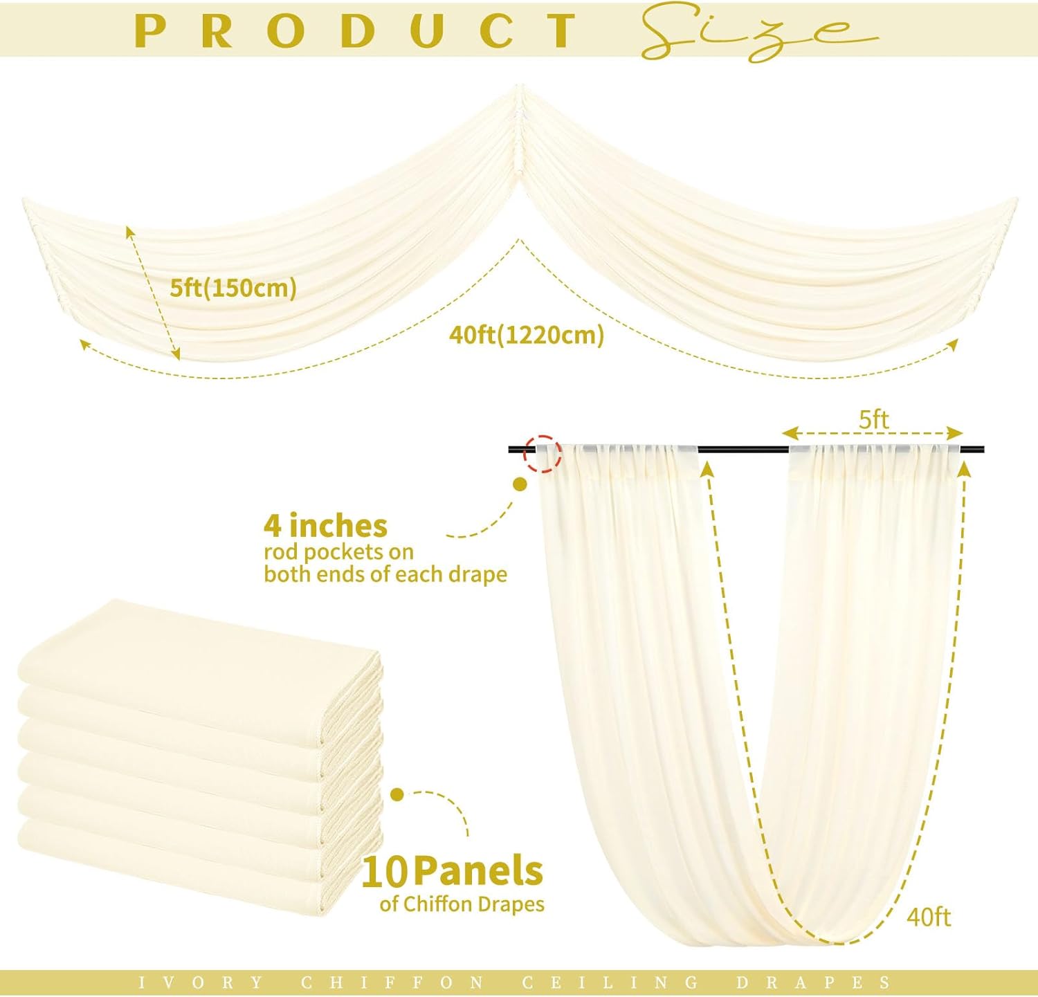 Showgeous 10 Panels Beige Ceiling Drapes for Wedding Ceiling Drapes 5ftx40ft Wedding Arch Draping Fabric Sheer Curtains Chiffon Drapery Draping Decorations for Party Ceremony Stage Swag Beige 60"W x 480"L (Pack of 10)