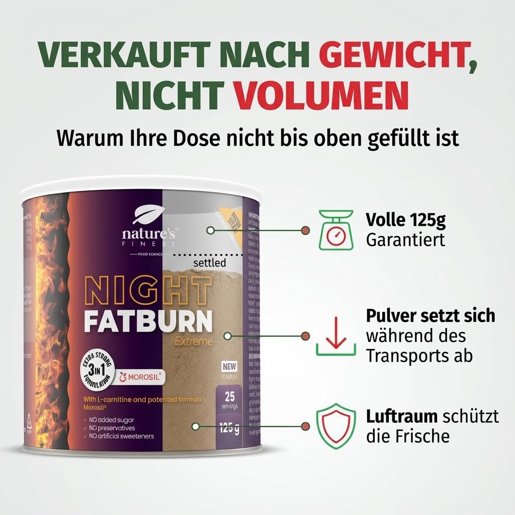 Nature's Finest Night Burn Extreme, Trinkpulver 125 g | Mit Morosil (Rot-Orangenextrakt), L-Carnitin und Baldrian