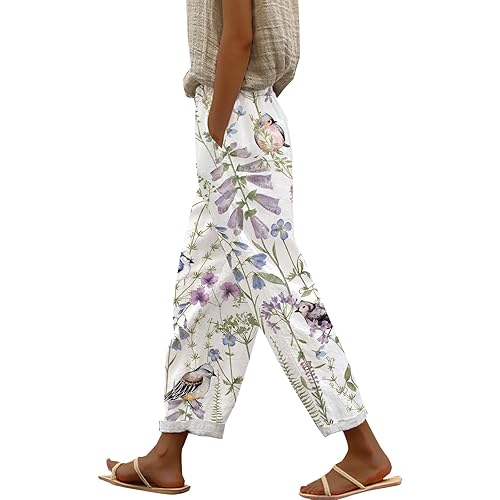 Womens Linen Pants 2024 Casual Summer Floral Print Elastic High Waist Straight Leg Loose Boho Trousers with Pockets