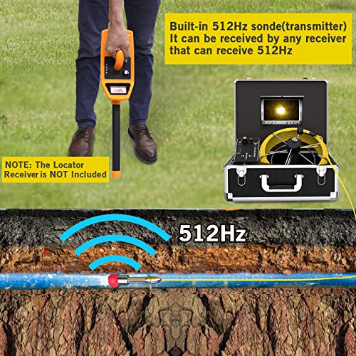 Sewer Camera 100ft with Locator, 512Hz Sonde Transmitter Plumbing Camera Snake with DVR Recorder, Inspection Cam with 7\" LCD Monitor with Fiber Optic Cable Wire (8 GB SD Card Included) (100ft/30m)