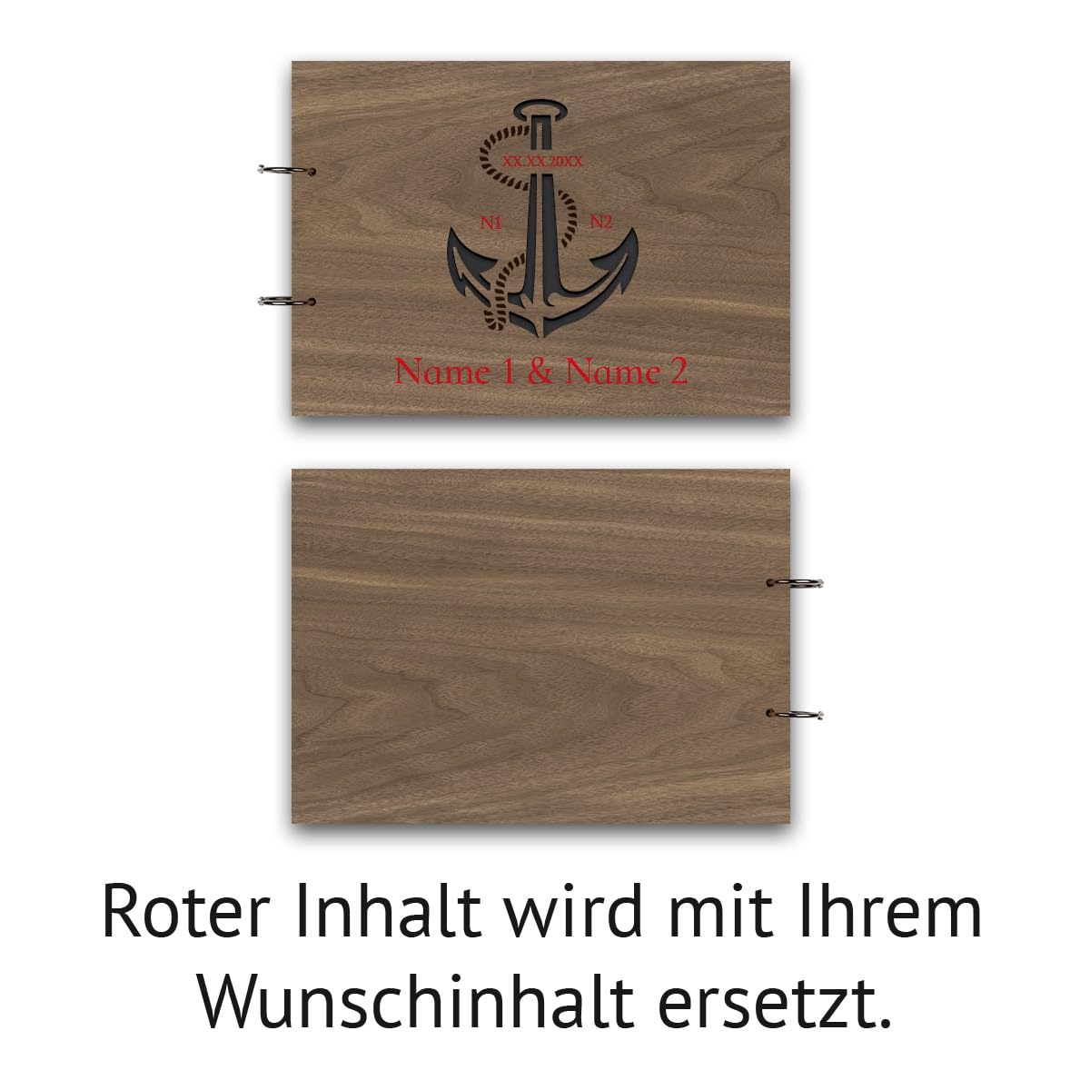 Personalisiertes Hochzeit Fotoalbum echtes Holz DIN A4 Hochzeitsbuch mit Lasergravur - Anker - mit 25 Blatt / 50 Seiten Fotokarton Schwarz