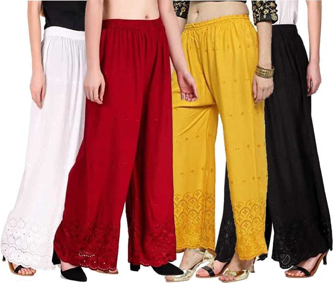 TNQWomen's Rayon Lucknow Chicken Work Embroidered Palazzos (Free Size) Combo Set of 4 Pcs