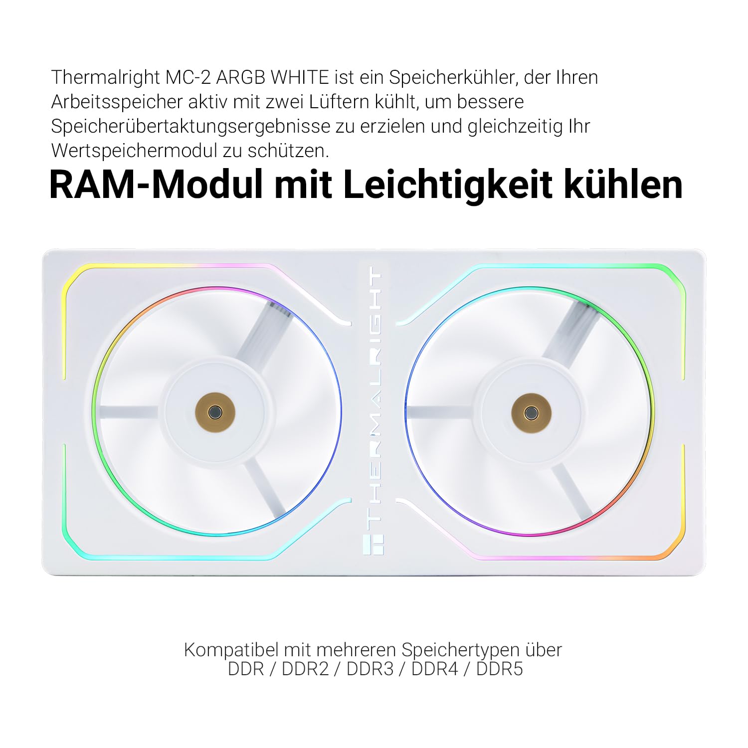 Thermalright MC-2 ARGB White Memory Cooler, double ventilateur avec design PWM 3200 tr/min, refroidisseur de RAM silencieux, flux d'air de 16,17 CFM pour kits de RAM DDR5/DDR4 de bureau (blanc)