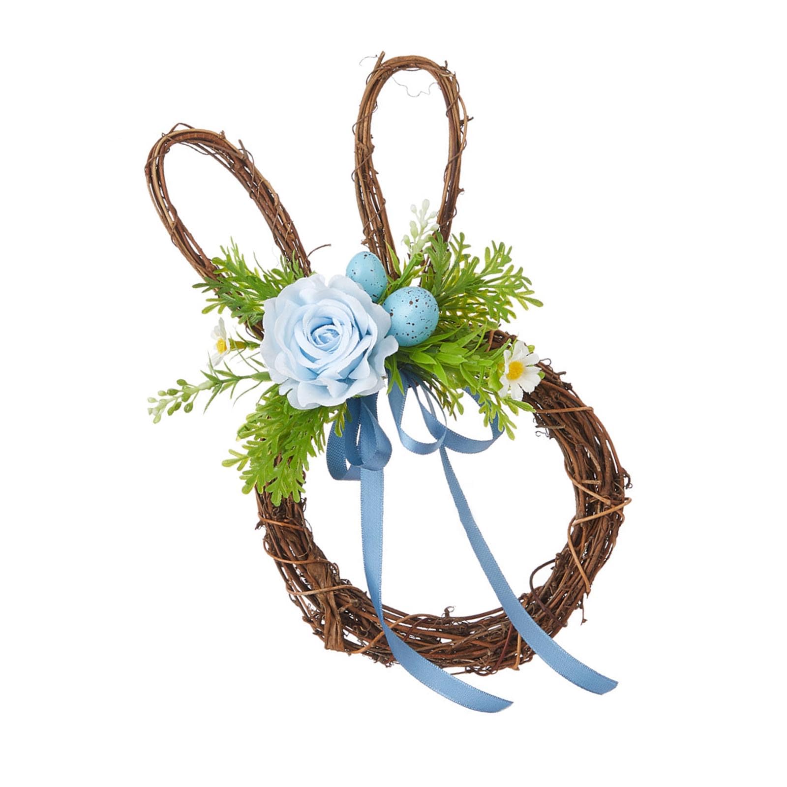 carotoe Wreath with Rabbits and Flower Unique Spring Rabbits Wreath Colorful Eggs Garlands with Flowers and Bowknot Artificial Flower