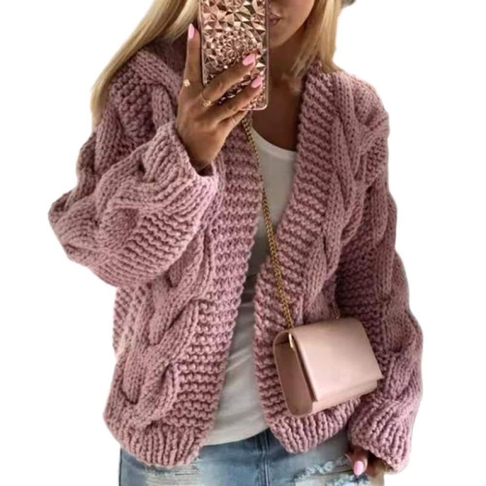 HGJH Damen Strickjacke,Damen Strickpullover Offen Kurz Cardigan Zopfmuster Klobig Kimono Rosa Mode Langarm Cardigan Weich Elegant Herbst Leichte Jacke Für Casual Business
