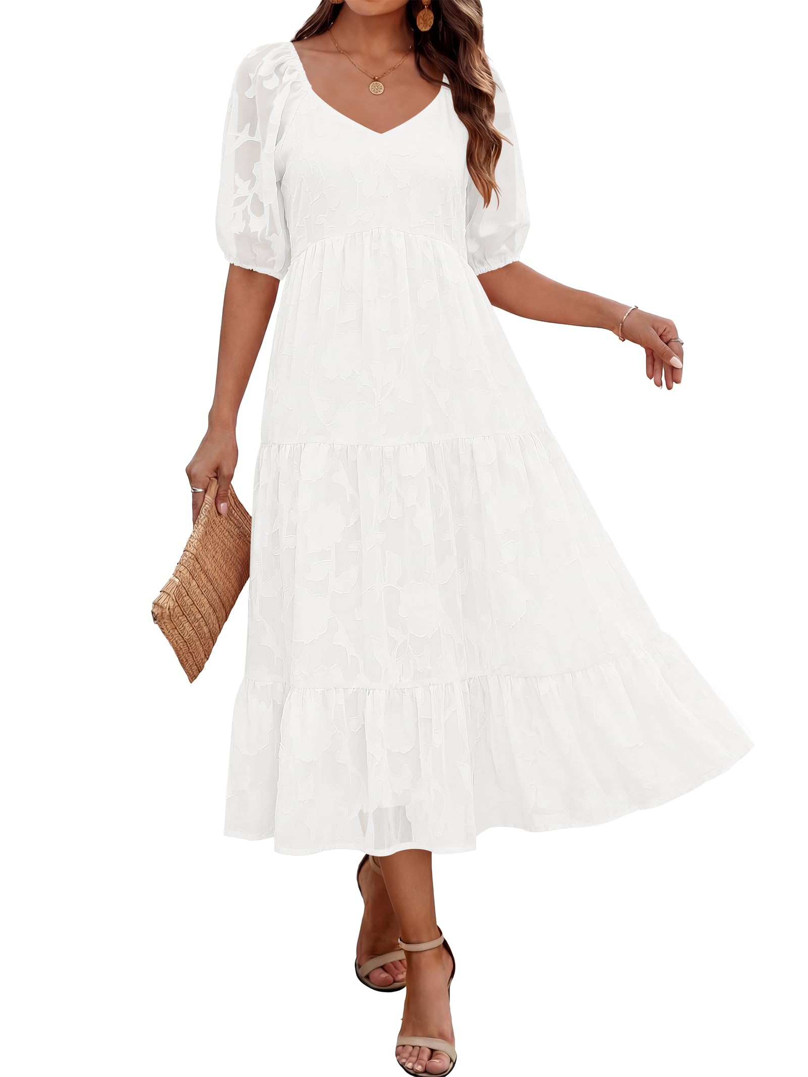 Caracilia Women's Floral Maxi Wedding Guest Dress & Pockets,White,L