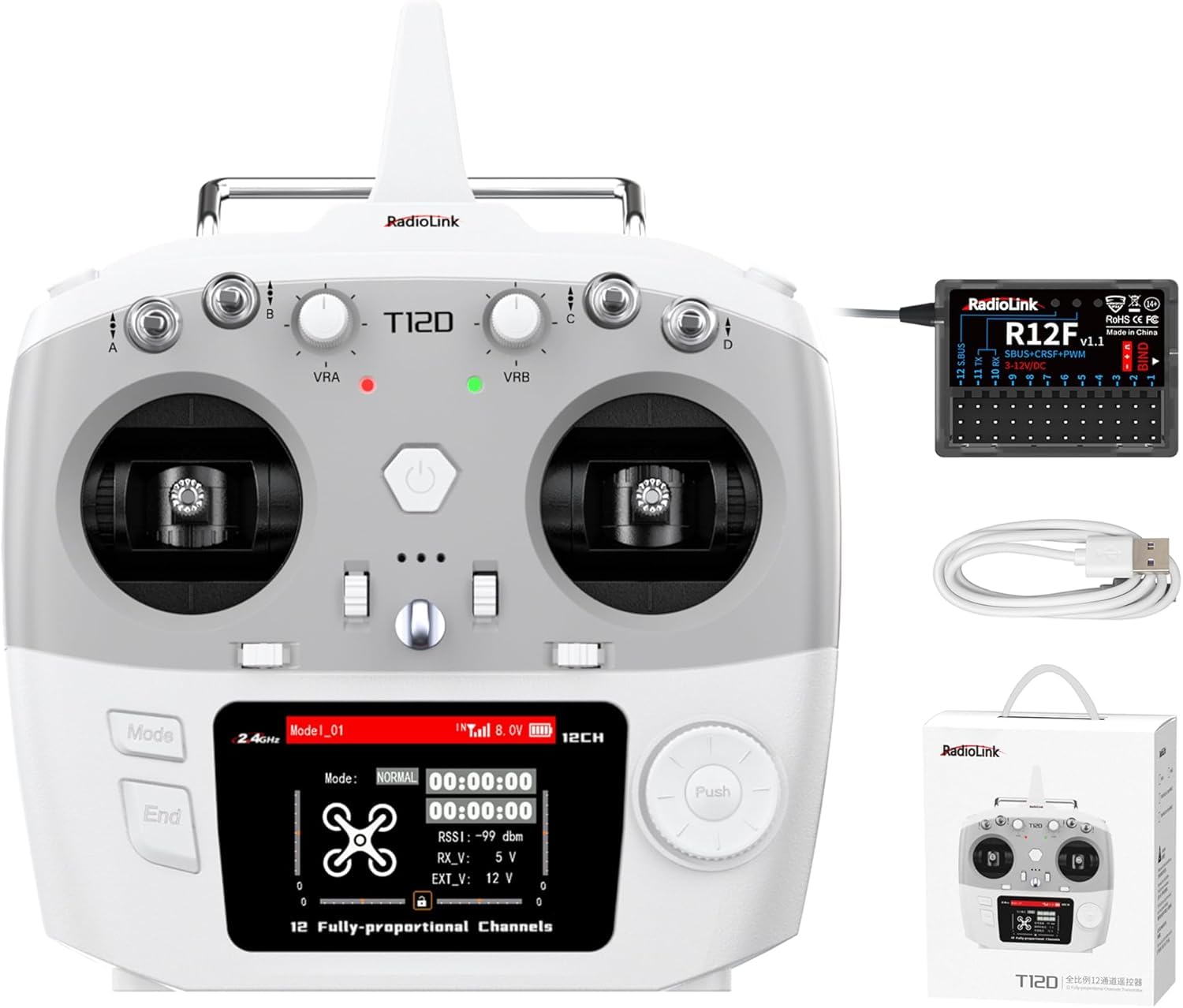 Radiolink T12D V2 12CH RC Fernsteuerung & R12F Empfänger Set, 2.4GHz Fernbedienung mit 4km Reichweite, 50 Modellspeicher, Unterstützt ELRS/TBS Crossfire Modul für Drohne, Flugzeug, Auto, Boot (Mode 2)