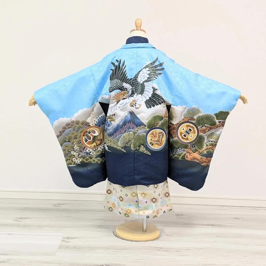 七五三 3歳 男の子 男児 着物 羽織 袴 セット 紺 鷹 松 金刺繍 3B-2