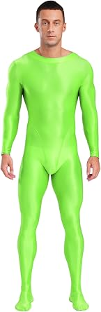 Jhaoyu Mens Glossy Shiny Zentai Bodysuit Footed Unitard Jumpsuit Long Sleeve Bodystockings Shapewear