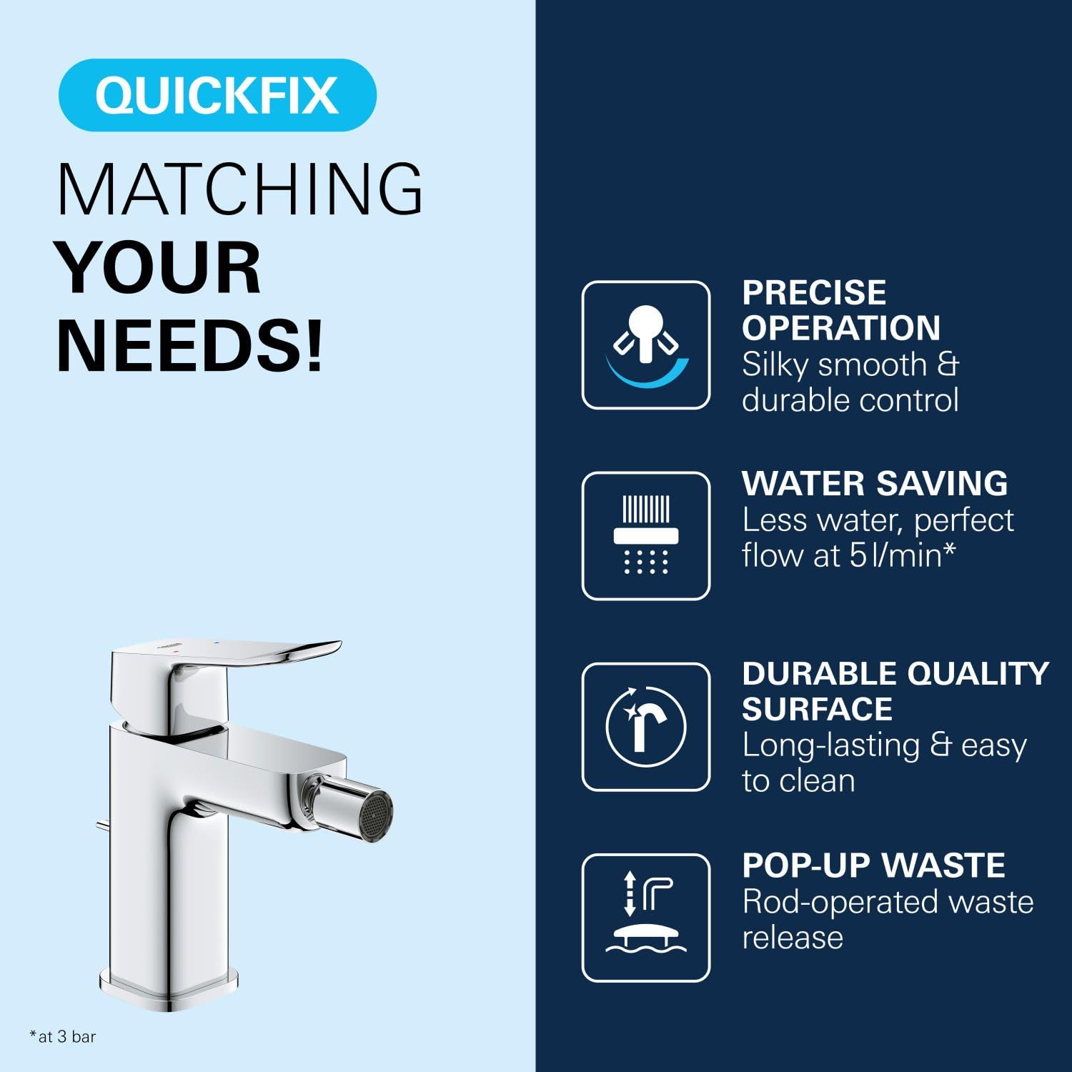 GROHE Dice Lever Bidet Mixer Tap with Pop-Up Waste Set (S-Size 151 mm, Ball Joint, 28 mm Ceramic Cartridge, Water Saving - Image 3