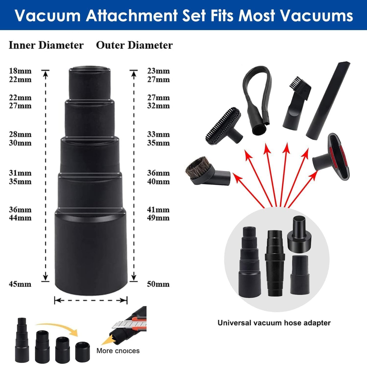 Alrens Lot de 14 accessoires universels pour aspirateur et nettoyage domestique, comprend 4 adaptateurs de tuyau d'aspirateur, 3 rallonges d'aspirateur et un suceur plat flexible