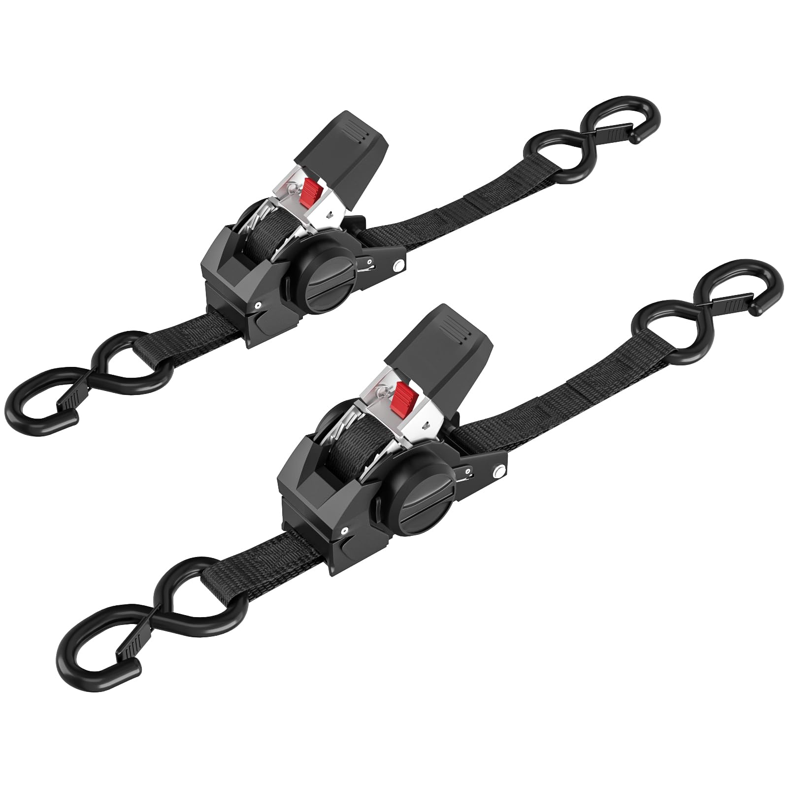 Confezione da 2 cinghie retrattili a cricchetto, 2,5 cm x 3 m, resistenza alla rottura 800 kg | Cinghia resistente con ganci a S auto-retract e antiruggine, per fissare il carico su rimorchi, camion, ATV e moto