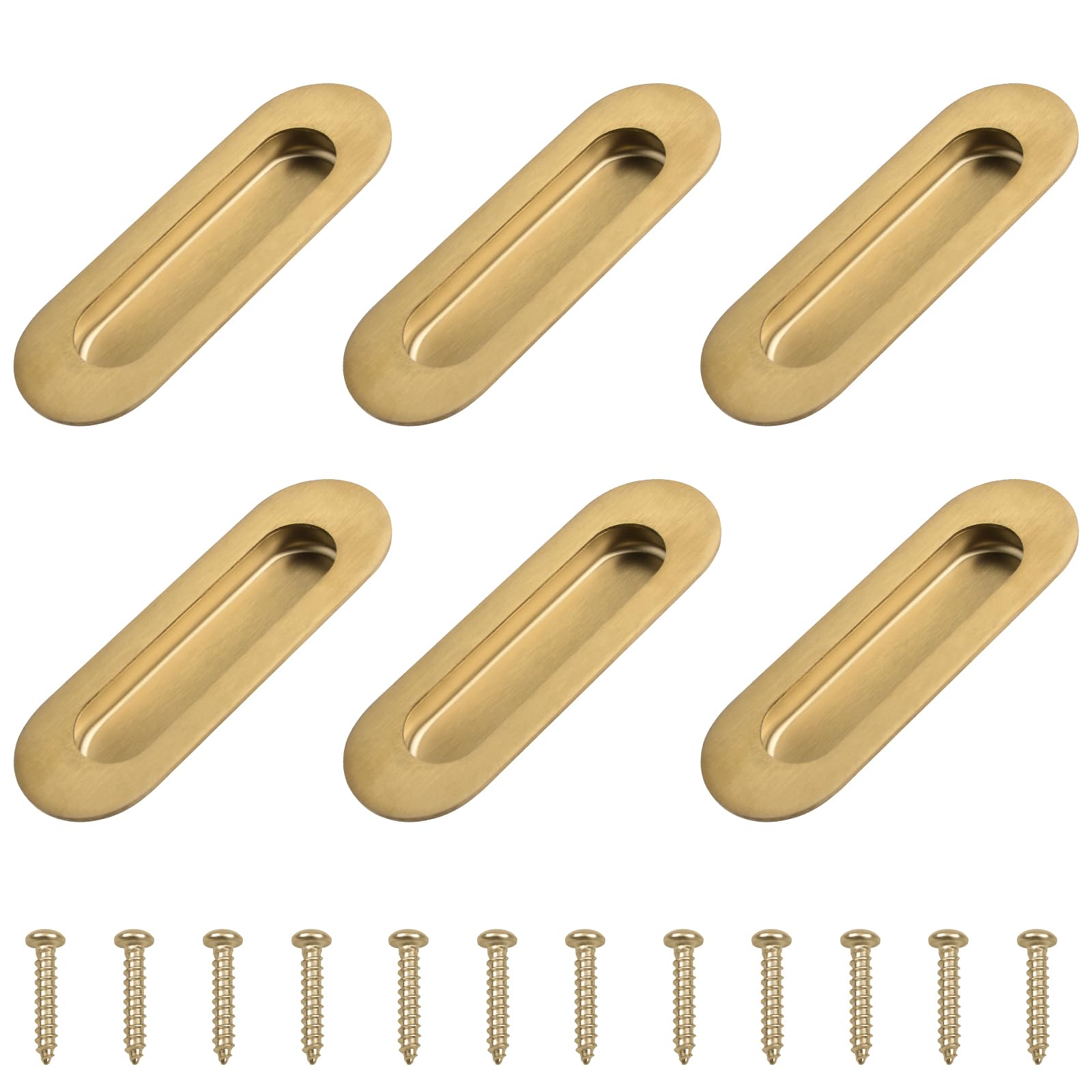 MOROBOR 6Pcs Stainless Steel Side Hole Flush Pull, Oval Embedded Sliding Door Handle Recessed Finger Pulls with Hidden Screws for Drawer Cupboard Wardrobe/Brushed Gold