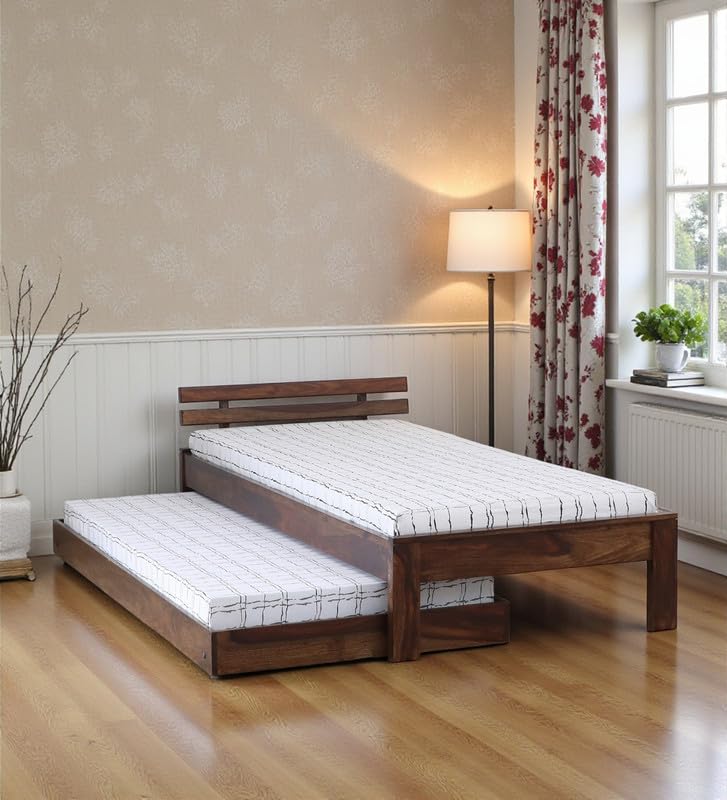 Image of Solid Sheesham Wood Admire Single Size Trundle Bed with 1 Extra Pullout Bed | Wooden Single Bed Cot Palang Furniture for Bedroom Living Room Home and Hotel (Provincial Teak Finish)