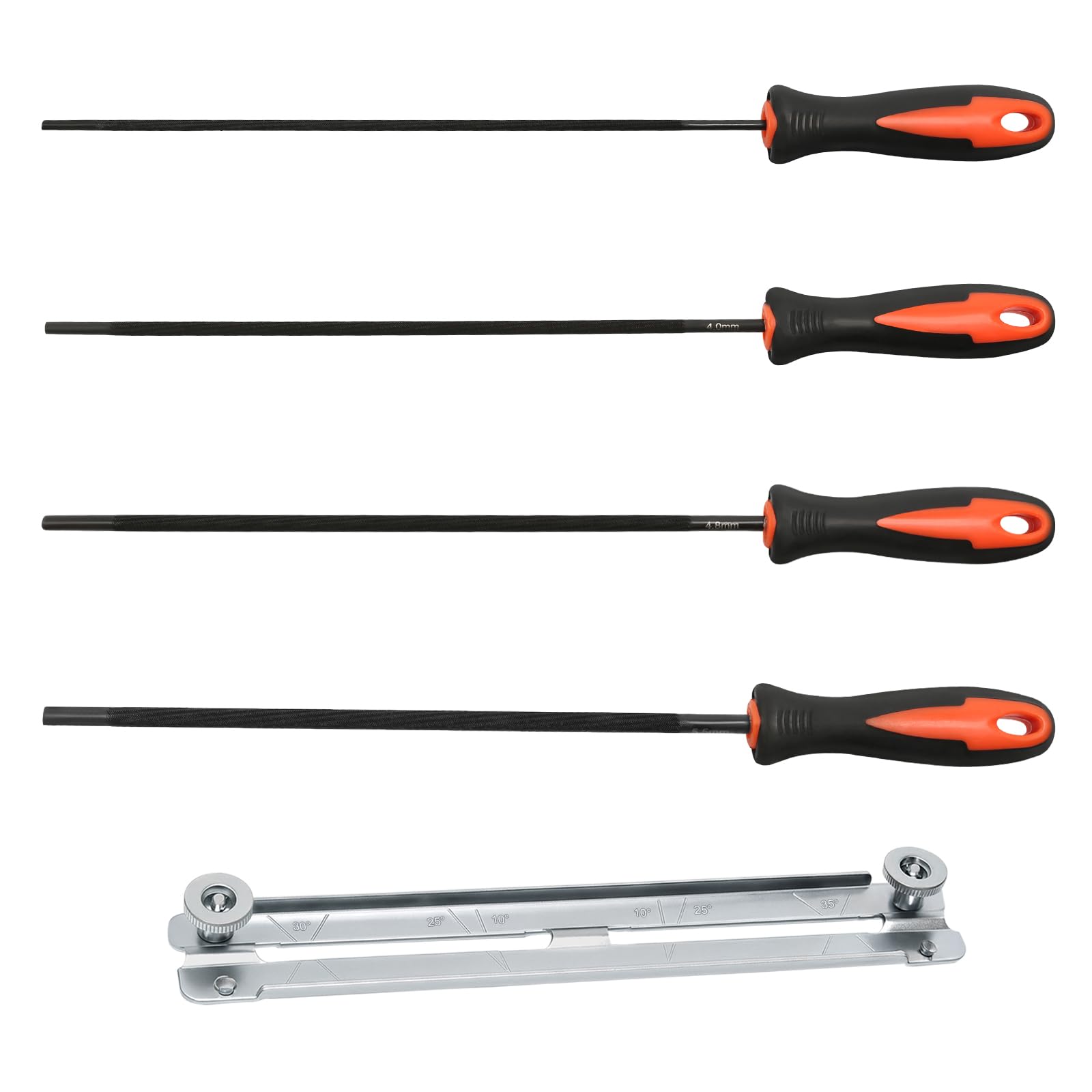4 Stück Feile für Kettensäge, 4 Größen Kettensäge Schärfen Rundfeilen, Feilenset Metall mit Griff und Guide, 3.2 mm, 4.0 mm, 4.8 mm, 5.5 mm, Geeignet für Heimwerker und Profis