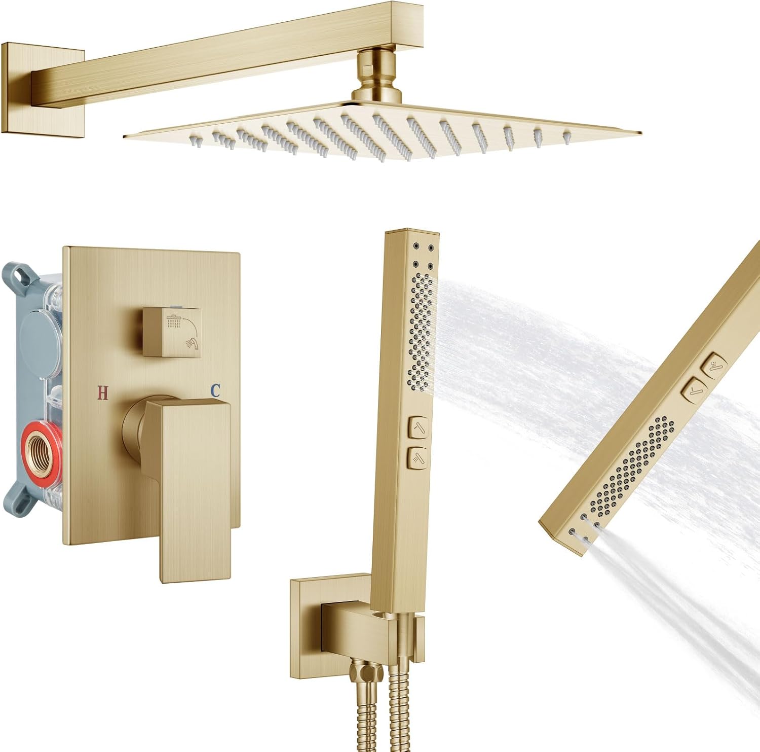 Shower Faucet Set Rainfall Shower System with Square Showerhead and Handle Set Fixture with 2 in 1 Function Handheld Sprayer Wall Mounted Trim Repair Kit Rough-in Valve 8 Inch Brushed Gold Brushed Gold 8 Inch