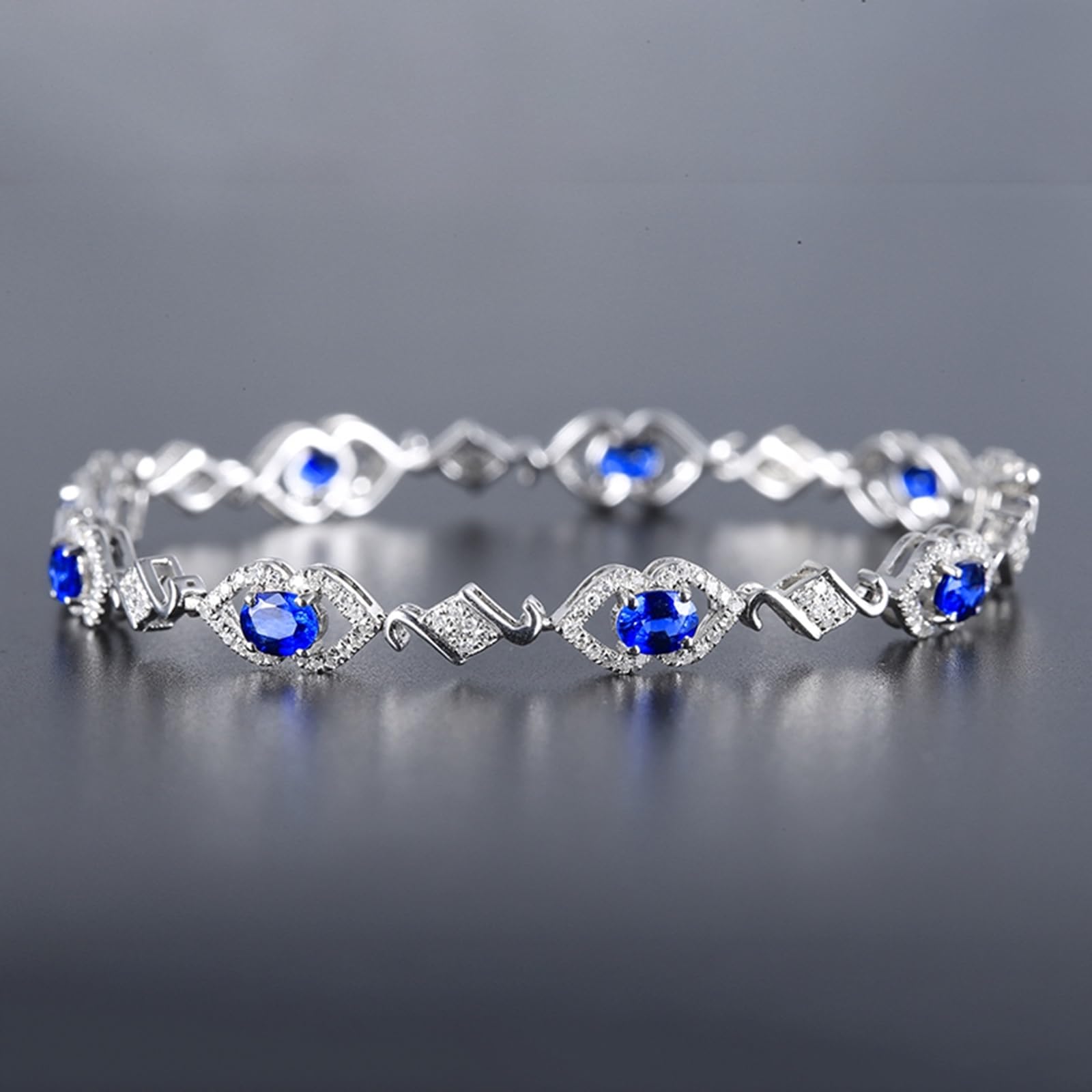 Bracciale Oro Bianco Donna 18k/14k/9k, Bracciale con Zaffiro 2.46ct 16-20 cm con Diamante, Braccialetti Sposa Fidanzati