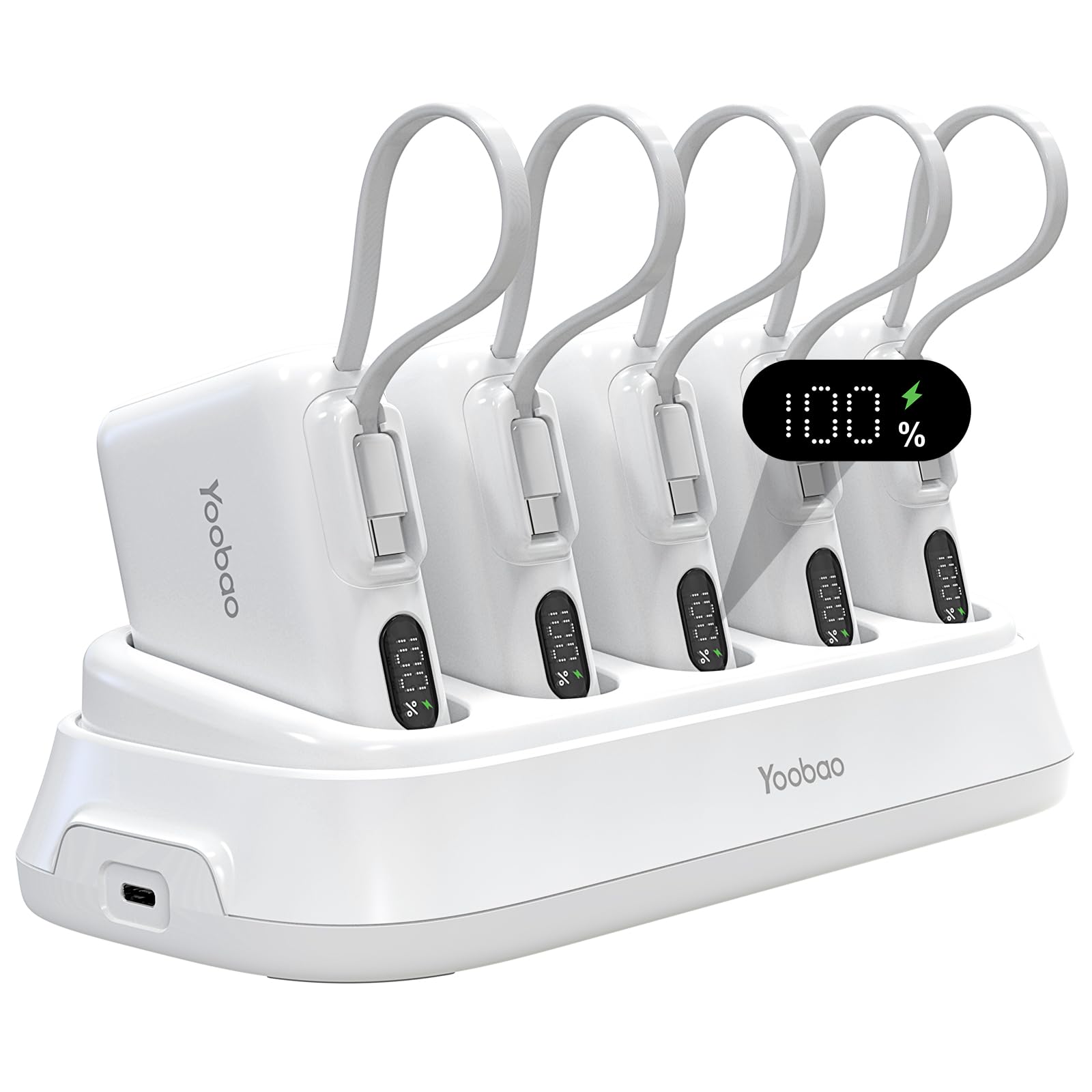 Yoobao Shared Power Bank Charging Station, 10000mAh Fast Charging with 5 Pack Portable Chargers, Built in USB C Cable Input Ouput, LED Display Battery Pack for Home Office Cafe Pub Outdoor