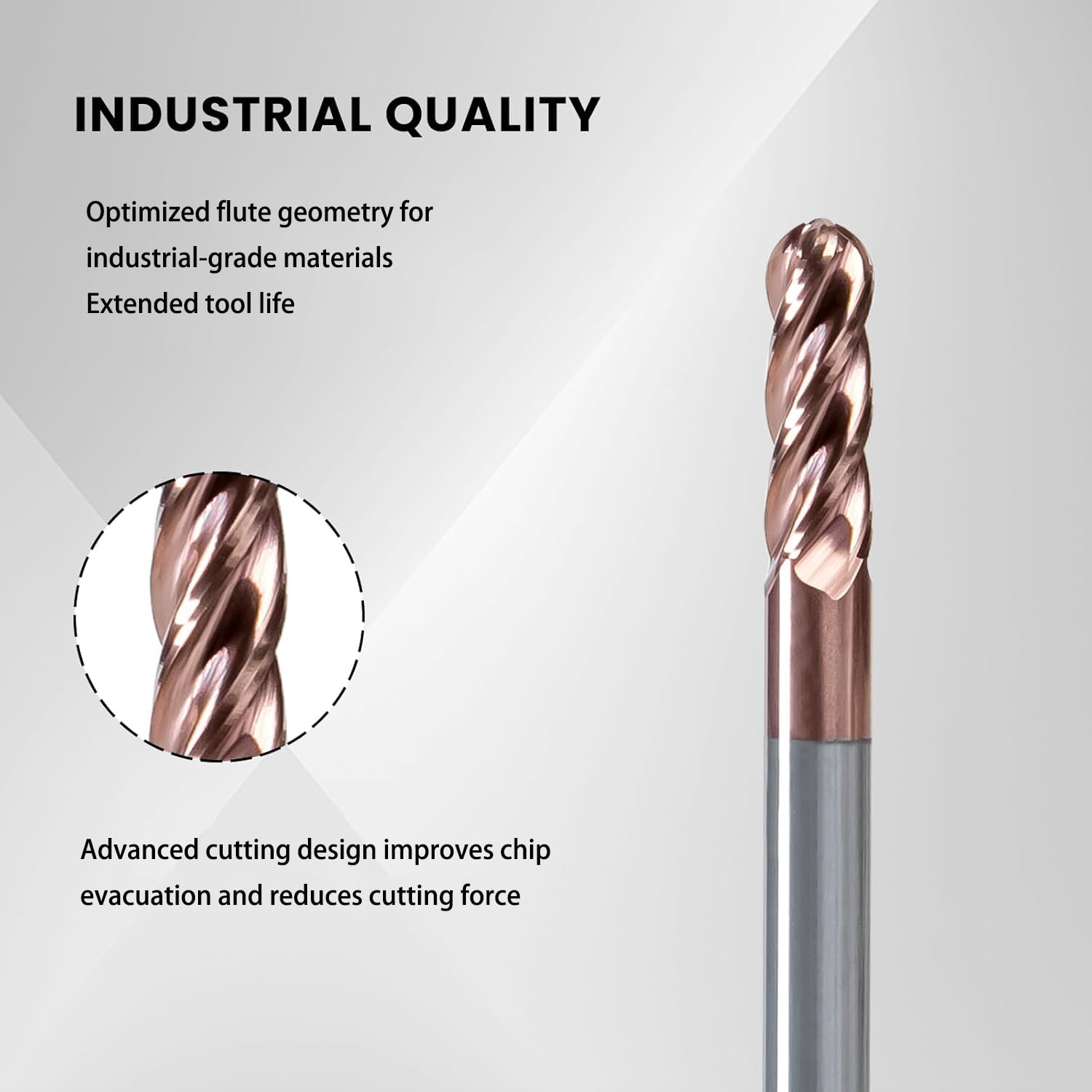 1/4" 4-Flute Ball Nose End Mill, TiSiN Coated HRC 55 for Hard Metals & Titanium