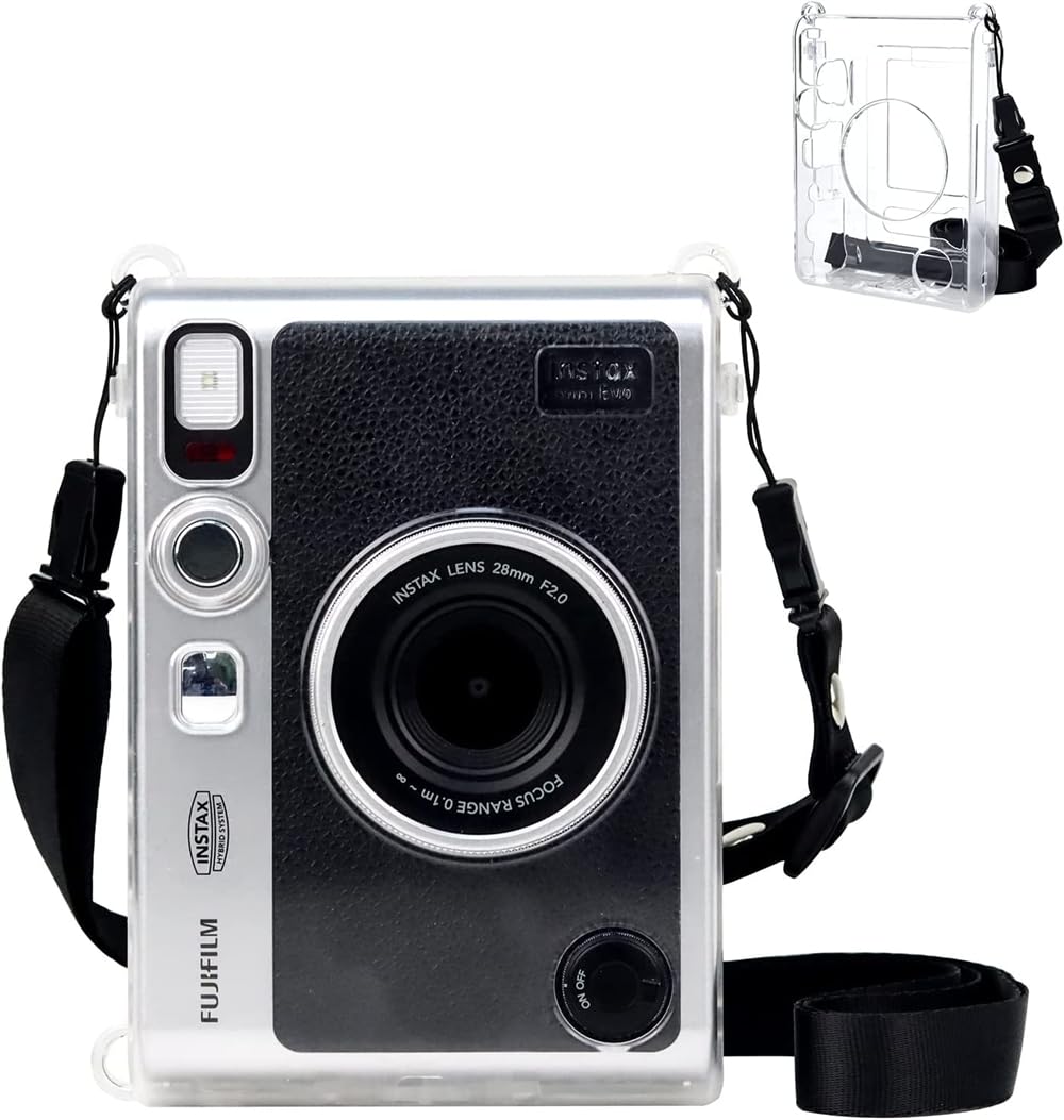 Instax Mini EVO Case Clear - Crystal PVC Protective Case for Fuji Instax Mini EVO Camera - Hard Carrying Case with Removable Shoulder Strap -Transparent