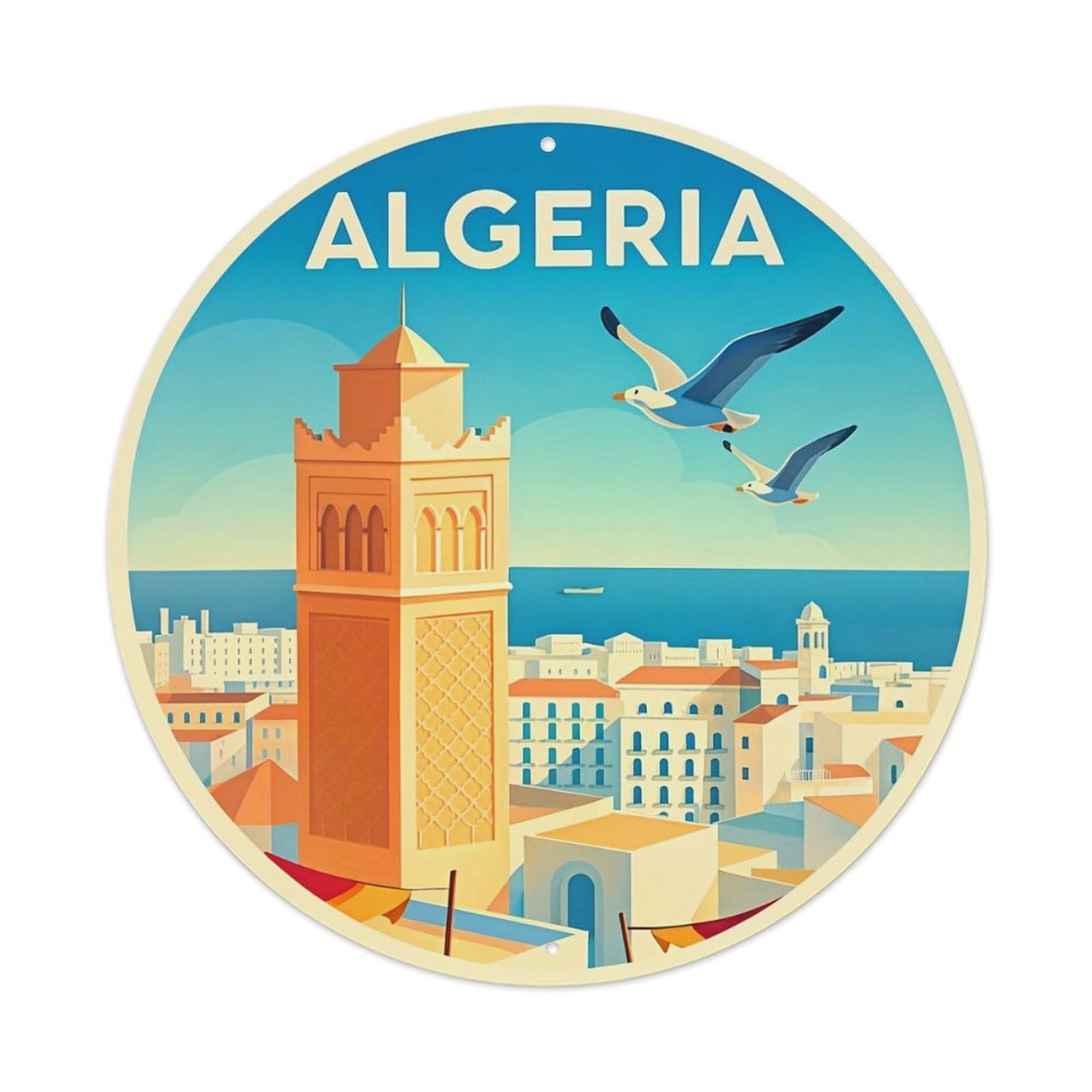 Algeria Tower Seagulls City Sky Round Metal Tin Sign Vintage Wall Decor, Bar Garage Cafe Kitchen Home Wall Art Poster 8x8inches