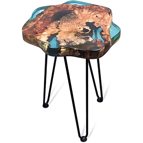 TUZECH Crystal Clear Epoxy Resin Natural Edge Wood end Table, Wood Resin Side Table Hand Made Craft Coffee Table with Hairpin legs-20 inch Tall (Blue)