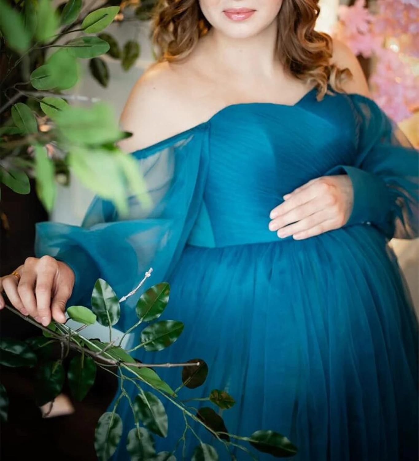 Maternity Tulle Robe for Photoshoot Off Shoulder Ladies Dressing Gown Long Sleeve Perspective Pregnancy Dress