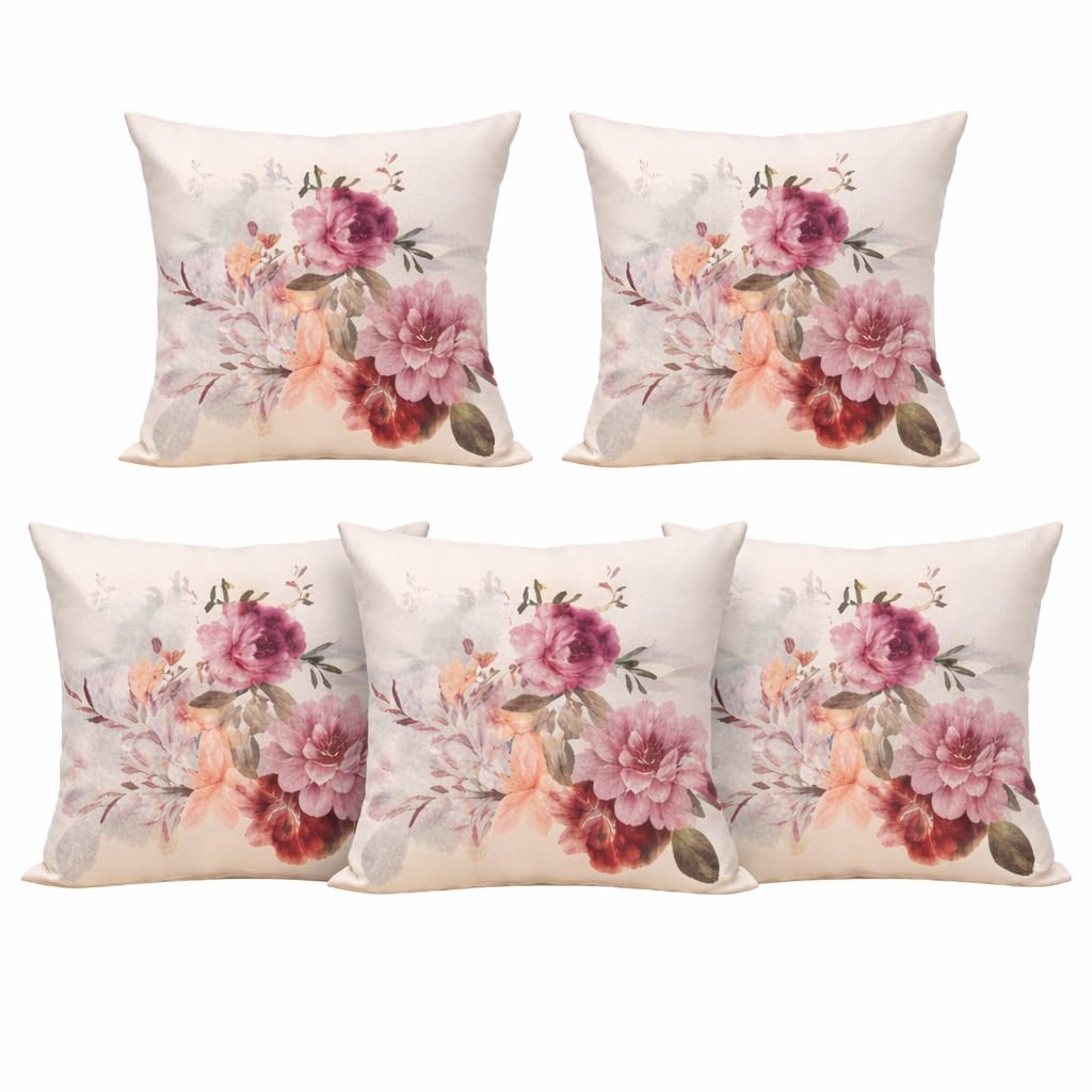 Pack of 5 | Luxury Pink Floral Printed Polycotton Cushion Cover Set of 16x16 inch, Pillow Cover Set for Sofa, Living Room Decor, Cushion Cover Set for Bedroom, Throw Pillow Cases-image-47