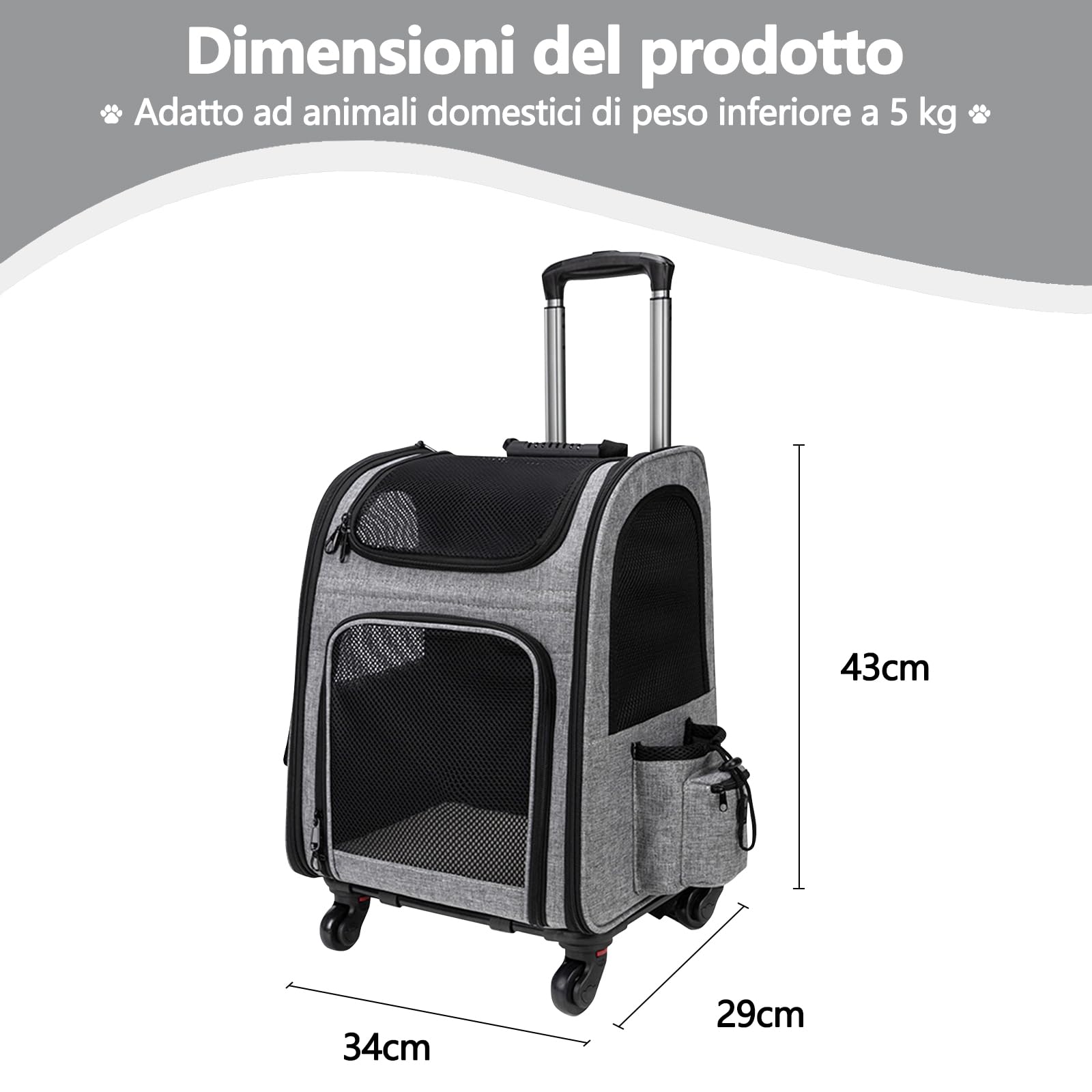 Galatée Passeggino Per Animali Domestici, Zaino Per Cani Con Ruote Rimovibili, Zaino Per Cani Approvato Dalla Compagnia Aerea, Borsa Da Viaggio Con Finestre Di Ventilazione In Rete(Grigio)