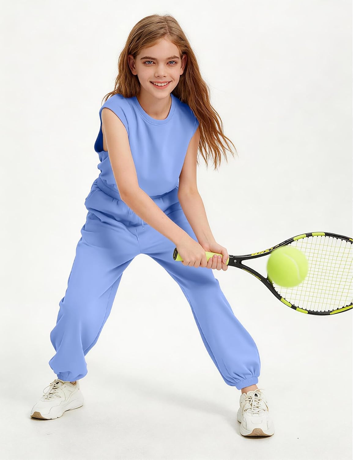 Girls Jumpsuit Sleeveless Romper Crew Neck Elastic Waist 5-14Y