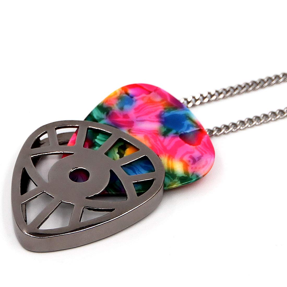 PICKRING Eye Shaped Guitar Pick Holder Necklace for Guitarists/guitar picks keeper storage pendant necklace stainless steel music lovers musicians gifts (Metal Black)