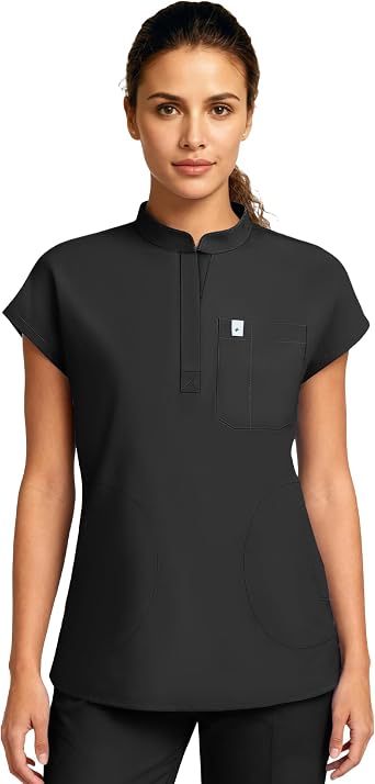 Medical Scrub Tops for Women - Mandarin Collar, Relaxed Fit, 4-Pocket Design, Shirttail Hem, Soft Stretch Scrub Shirts